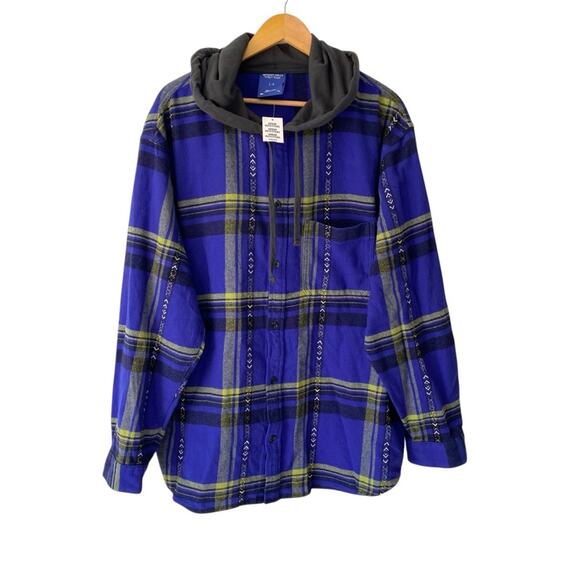 Without Walls Ikat Purple Plaid Flannel Hooded Overshirt NWTs size Large - Picture 3 of 13